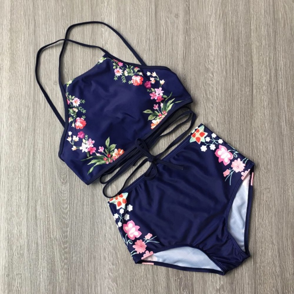 Halter neck strappy navy and floral swimsuit - Picture 2 of 3